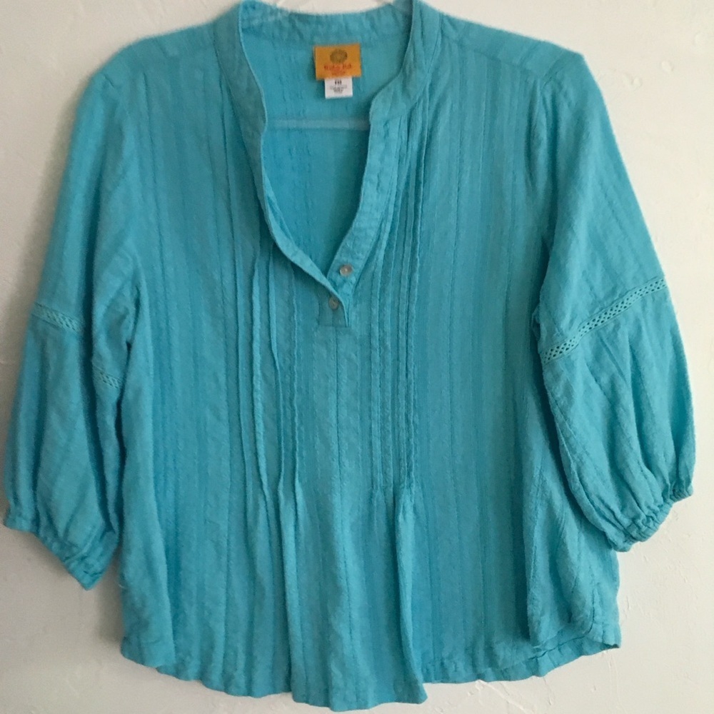 Ruby Rd Petite Teal Cotton Pintuck Split Neck Blo… - image 1